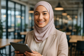 Confident young businesswoman in hijab using tablet in modern office space with a warm smile, professional
