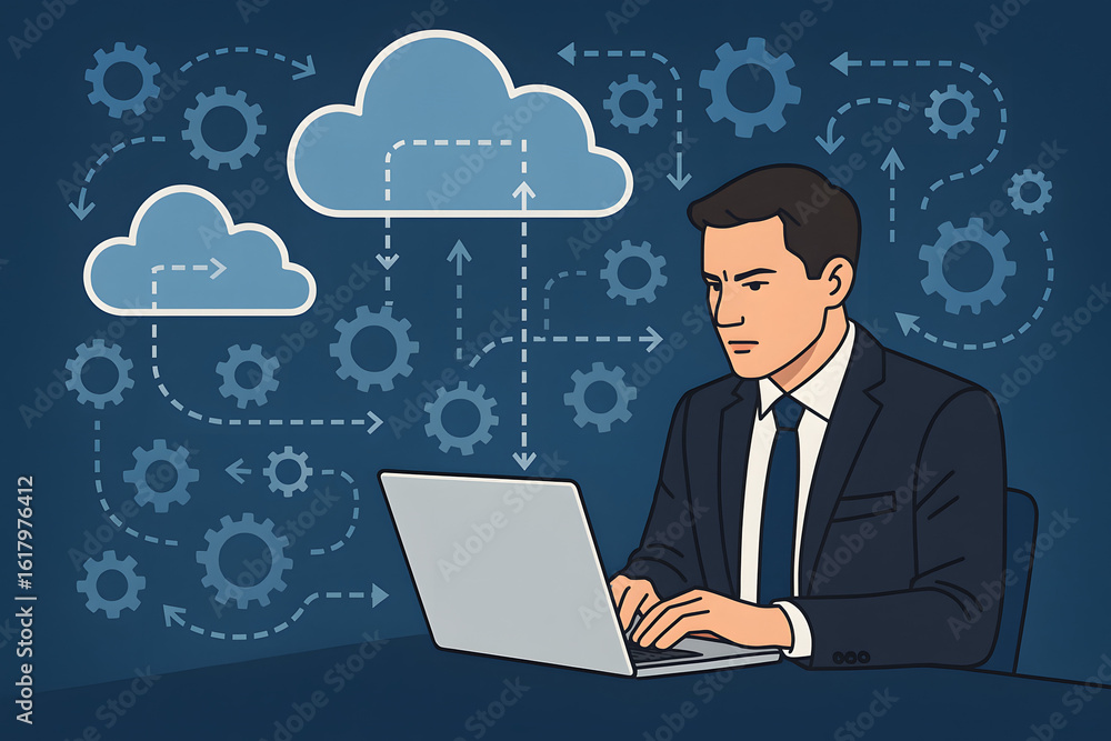 Poster cloud computing & the modern professional: a business professional working on a laptop, with cloud c