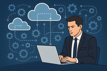 Cloud Computing & the Modern Professional: A business professional working on a laptop, with cloud computing visuals depicting data flow and digital transformation