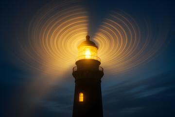 Illuminating Beacon: A solitary lighthouse pierces the night's embrace, its radiant light a beacon of hope. This captivating composition, with its mesmerizing glow, exudes a sense of guidance, safety.