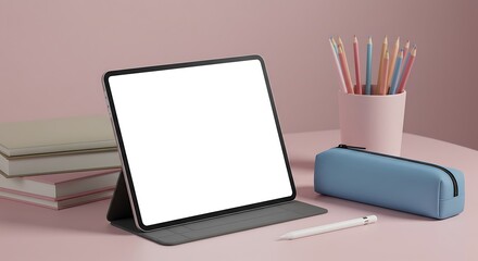 Blank digital tablet, pencils, and school supplies on a pink surface.