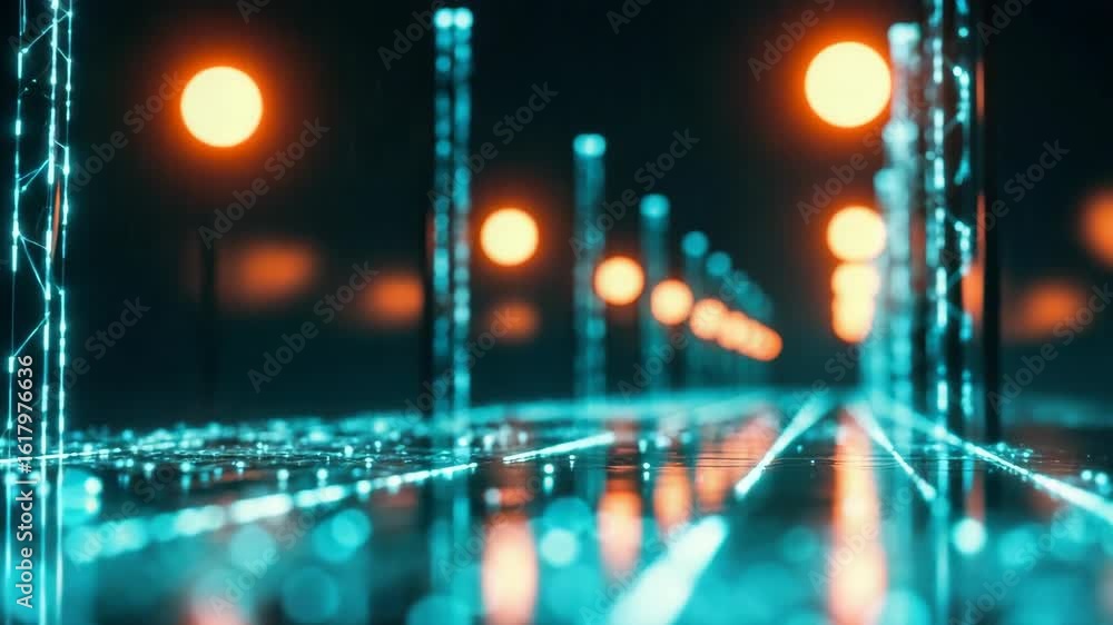 Poster a futuristic urban landscape featuring a glowing pathway illuminated by vibrant orbs with a backdrop