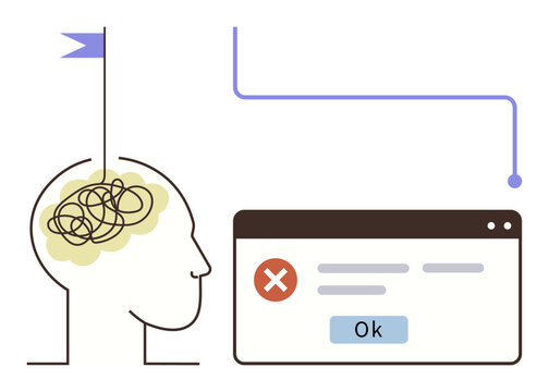 Human head with tangled line symbolizing confusion, blue flag, error message box. Ideal for mental health, problem-solving, decision-making, mindfulness, technology errors, awareness simple flat