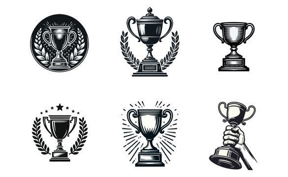 Collection of six trophy illustrations in black and white, showcasing various cup designs with laurel wreaths and a hand holding a trophy.