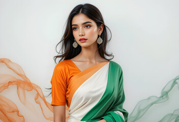 Indian Woman in Tricolor Saree Dress Beautiful Female Model in Flag Colors Traditional Indian Attire for Celebrations and Pride