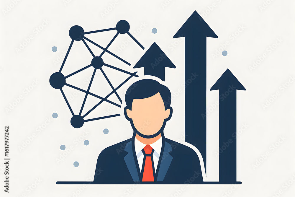 Poster visionary's ascent: an abstract vector illustration of a confident professional at the forefront, wi