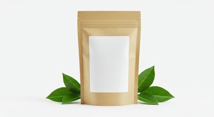 Eco-Friendly Kraft Pouch with Leaves on White Background