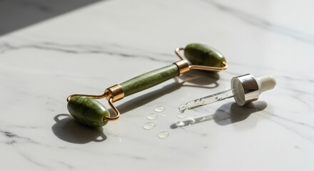 ade Roller and Serum Dropper on Marble Background