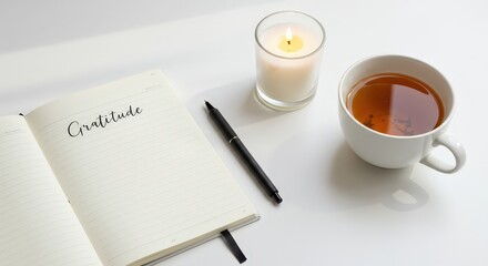 Gratitude Journal with Tea and Candle on White Background