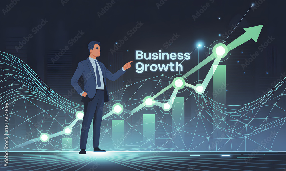 Poster business growth presentation: a sharp professional gesturing towards a dynamic business growth chart