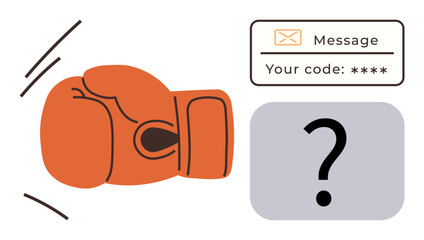 Boxing glove attacking a message with hidden code and question mark, highlighting cybersecurity, data protection, online threats, password safety, anti-phishing, identity theft, and secure