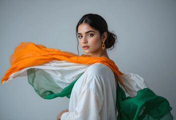 Indian Woman with Waving Flag Scarf Beautiful Girl Draped in Tricolor Fabric Patriotic Indian Female Portrait Photography