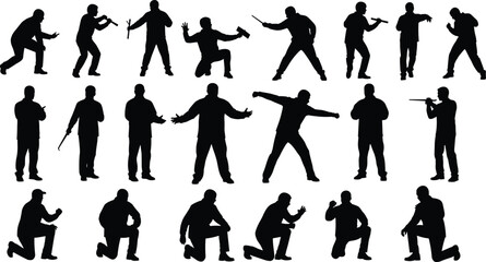 Silhouette figures in combat poses with weapons, action scene design, crime thriller illustration, dramatic tension, armed stance, tactical movement