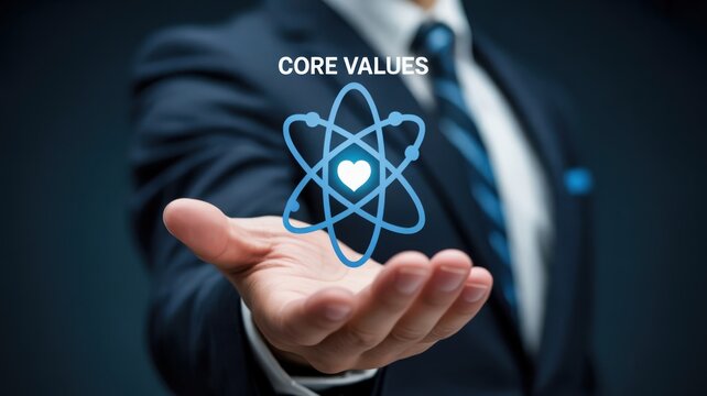Upholding Organizational Core Values: A hand presenting an atomic structure icon with a heart, symbolizing foundational principles and corporate culture
