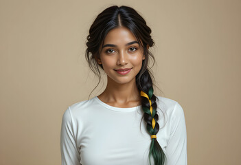 Young Indian Woman with Braided Hair Style Female Model Wearing Green and Yellow Ribbons Smiling Desi Girl in White Shirt Portrait