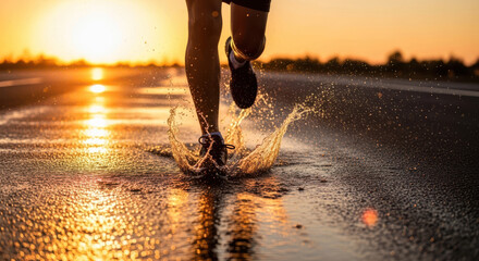 Runner splashes through a puddle during a vibrant sunset on a wet road