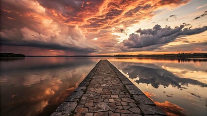 An orange summer sunset with dramatic clouds reflects on the calm lake waterAn orange summer sunset with dramatic clouds reflects on the calm lake water