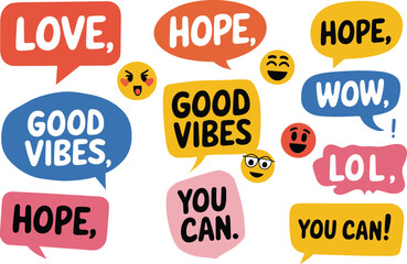 Positive affirmations and emotions expressed in colorful speech bubbles