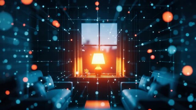 A cozy living room illuminated by a warm lamp with a window revealing a twilight cityscape surrounded by a digital network of glowing particles creating a futuristic ambiance