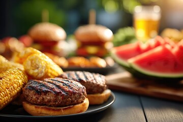 Grilled hamburgers, corn on the cob, and watermelon on a dark wooden table.
