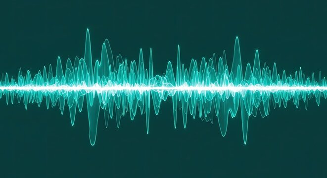 Teal and white sound wave visualization on dark teal background