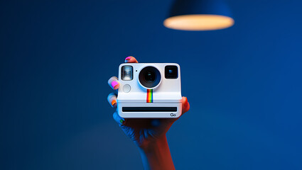 Hand holding a white instant camera with colorful stripes against a dark blue background