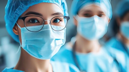 Close-up of a medical professional with glasses and mask; others blurred in the background