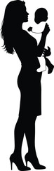 Silhouette woman holding baby, mother and child love, parenting bond, emotional connection, black and white art, family life, illustration