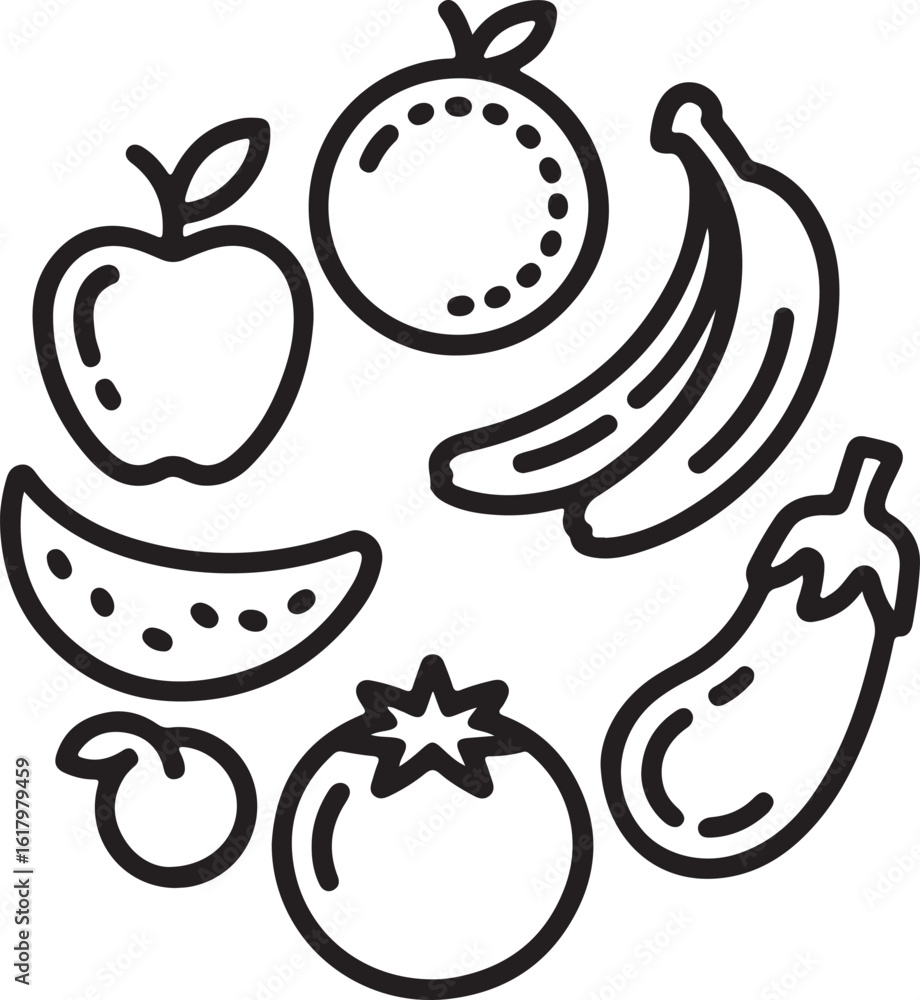Poster simple line art illustration of various fruits and vegetables arranged in a circular pattern includi
