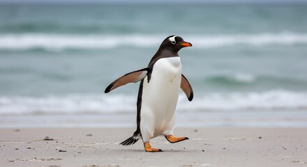 a Gentoo penguin standing on a sandy beach, wings outstretched and one leg raised. penguin has a black head, white belly,King Penguin Aptenodytes patagonicus Chicks in Creche in the rain.
