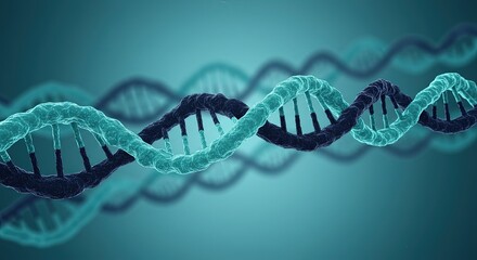 Two intertwining DNA strands against a teal background