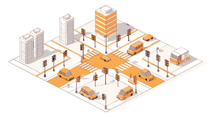Naklejka premium Isometric view of a city intersection with traffic lights cars and buildings in a stylized design