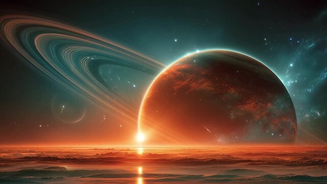 A distant planet with rings and a stunning sunrise casting light over an otherworldly landscape filled with cosmic beauty