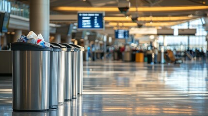 An airport terminal featuring several trash cans, emphasizing cleanliness and waste management in a busy travel environment, promoting efficient waste disposal and environmental responsibility