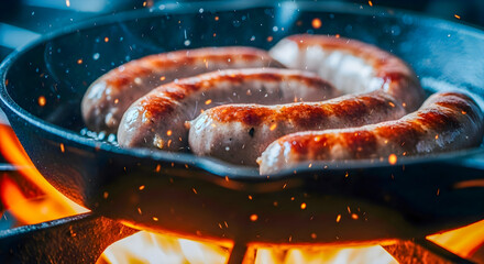 Sizzling sausages frying to perfection in a cast iron skillet with bright flames creating an appetizing meal
