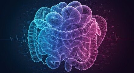 Wireframe intestines with digital data and heart monitors