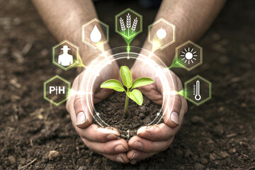 Smart Agriculture and Precision Farming with Plant in Hands  Hands cradling a small plant, symbolizing new life, growth, and the tender care for nature's delicate environment