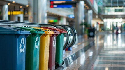 An airport terminal featuring several trash cans, emphasizing cleanliness and waste management in a busy travel environment, promoting efficient waste disposal and environmental responsibility