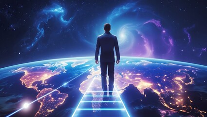 Technology and Globalization: Man in Formal Wear on Digital World Map