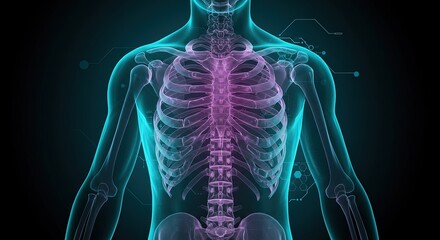 Xray of human torso skeleton with neon blue outline