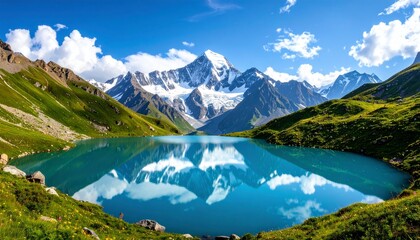 Fototapeta premium Majestic mountain reflection alpine lake nature photography scenic landscape clear skies tranquil environment