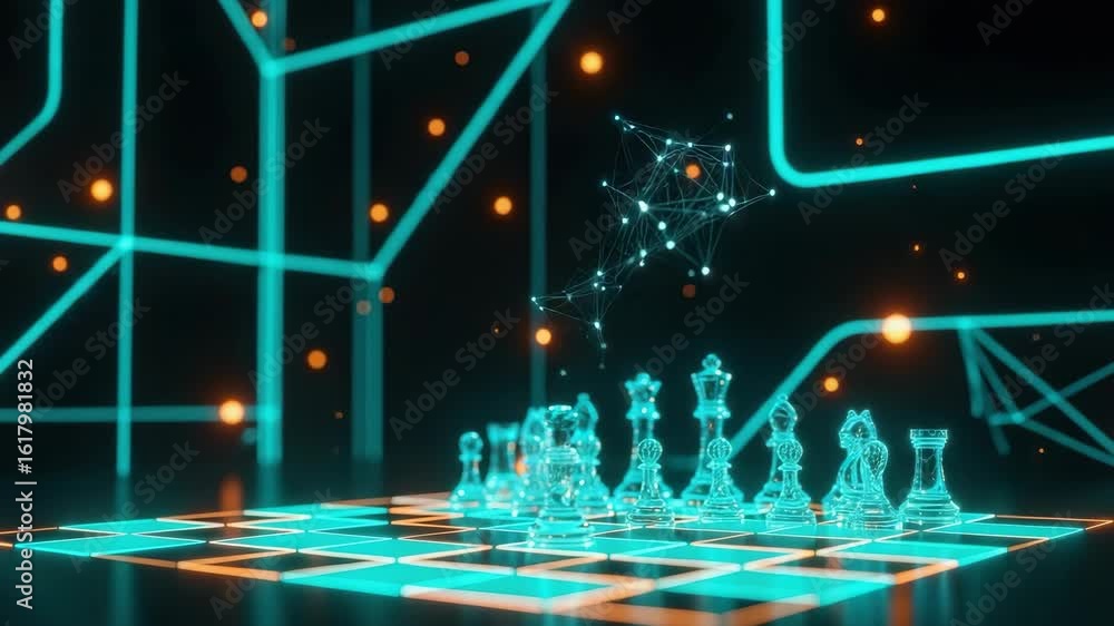 Poster a futuristic chess game illuminated by neon lights showcasing holographic chess pieces in a digital 