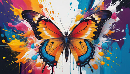 Bright butterfly on abstract background with multicolored paint splashes. Bright explosion of color, paint splashes and dynamic lines. For design and advertising