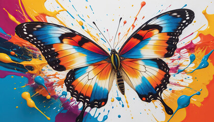 Bright butterfly on abstract background with multicolored paint splashes. Bright explosion of color, paint splashes and dynamic lines. For design and advertising