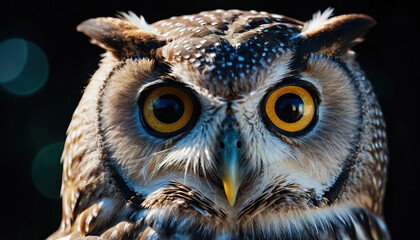 Macro shot of an owl's head, expressive look with big yellow eyes. Nature, animals, wild fauna. Symbol of night and mystery