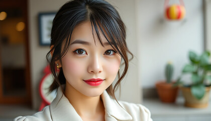 Portrait of a beautiful Japanese woman with a smile and a direct look. Modern and fresh image for advertising campaigns, blogs, news articles