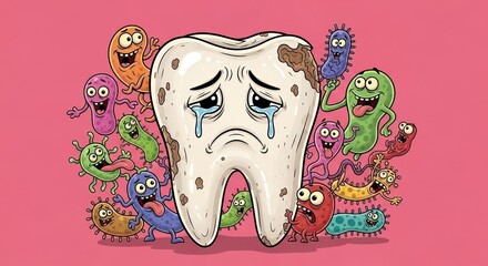 Sad tooth surrounded by cartoon bacteria, illustrating dental hygiene, tooth decay, and oral health problems.

