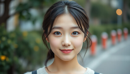 Portrait of a young Japanese woman with expressive eyes and a slight smile. An image of success and intelligence. Suitable for business and educational content