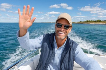 Happy man waving hand sailing boat in sea, summer vacation fun