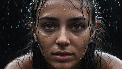 Portrait of a woman with wet hair and drops on her skin. Piercing turquoise eyes express thoughtfulness. Advertising of cosmetics, perfume, Concept of freshness.